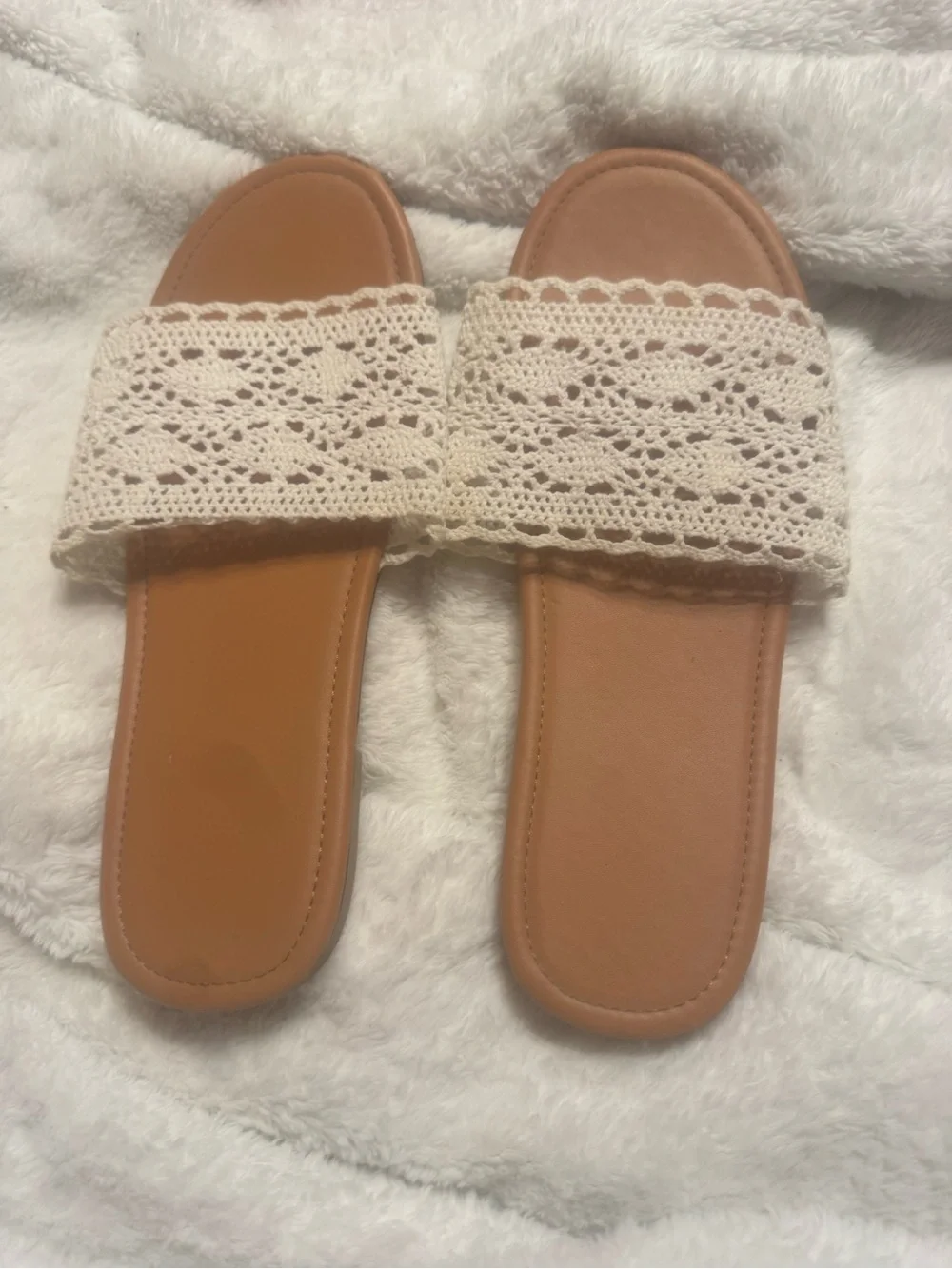 SHEIN Crochet Strap Slide Sandals in Cream and Tan
